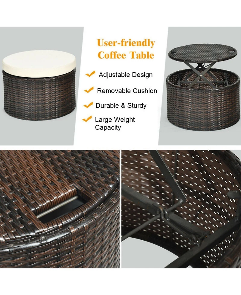 Gouun Patio Round Rattan Daybed Set with Retractable Canopy and Side Table