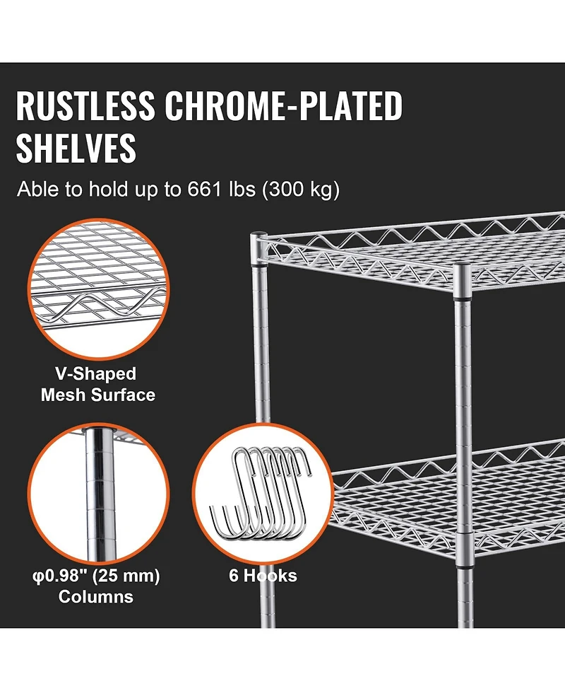 Sugift 3-Tier Steel Utility Cart on Wheels with 661LBS Capacity 80mm Deep Basket Curved Handle 6 Hooks