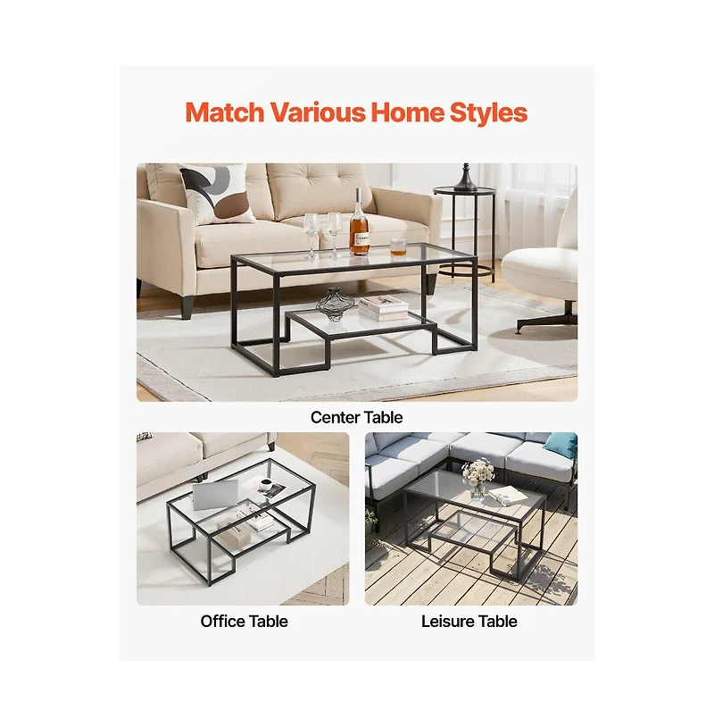 Slickblue 2-Tier Tempered Glass Center Table with Metal Frame, Modern Coffee Table for Home Office