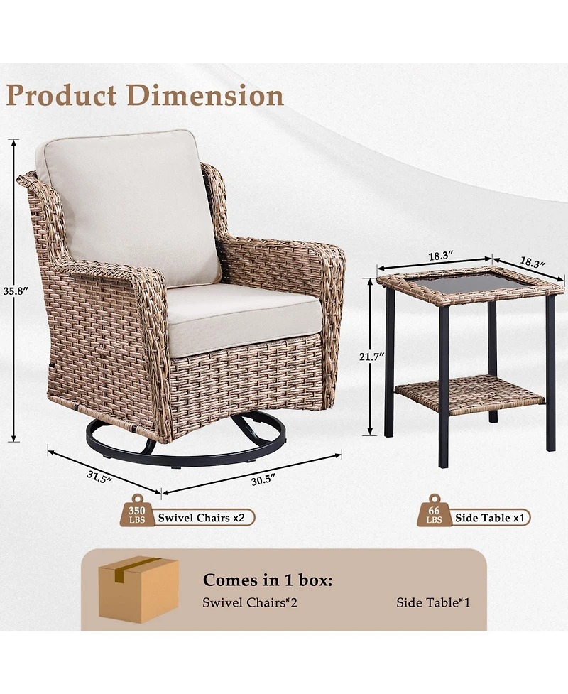 Pocassy 3 Pieces Patio Furniture Set, Outdoor Swivel Glider Rocker Set with Washable Cushion and Tempered Glass Table