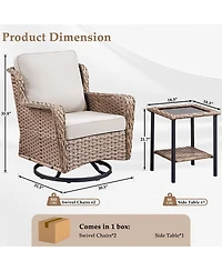 Pocassy 3 Pieces Patio Furniture Set, Outdoor Swivel Glider Rocker Set with Washable Cushion and Tempered Glass Table