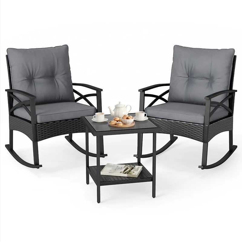 Gymax 3 Pieces Rattan Rocking Bistro Set with Tempered Glass Tabletop and Cushions for Porch Mix
