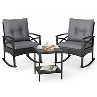 Gymax 3 Pieces Rattan Rocking Bistro Set with Tempered Glass Tabletop and Cushions for Porch Mix