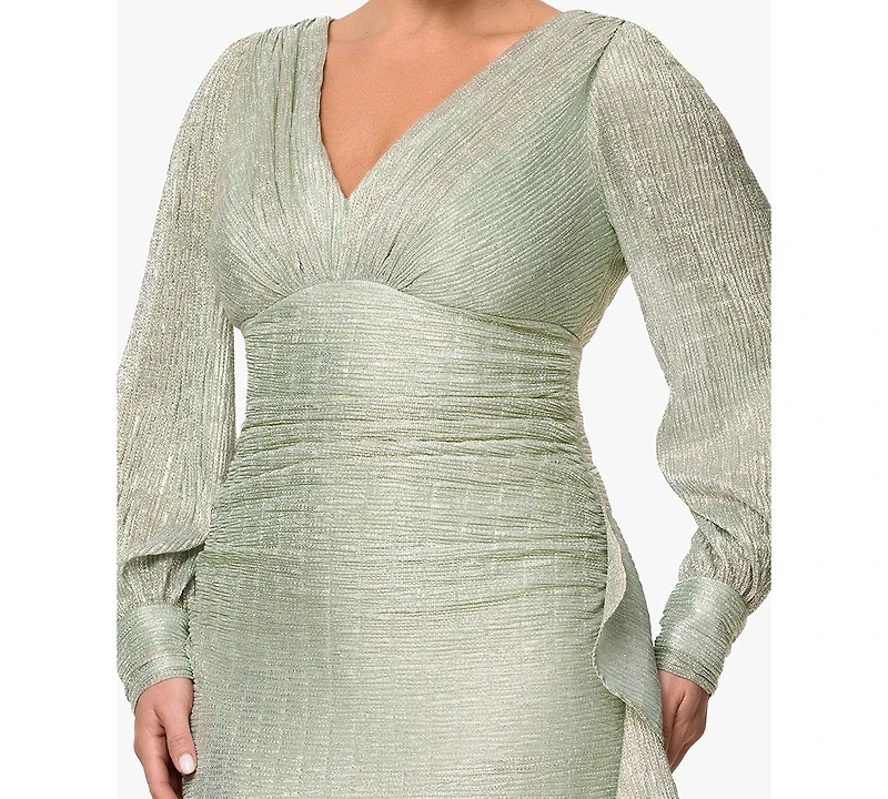 Betsy & Adam Plus Long-Sleeve V-Neck Metallic Dress