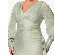 Betsy & Adam Plus Long-Sleeve V-Neck Metallic Dress