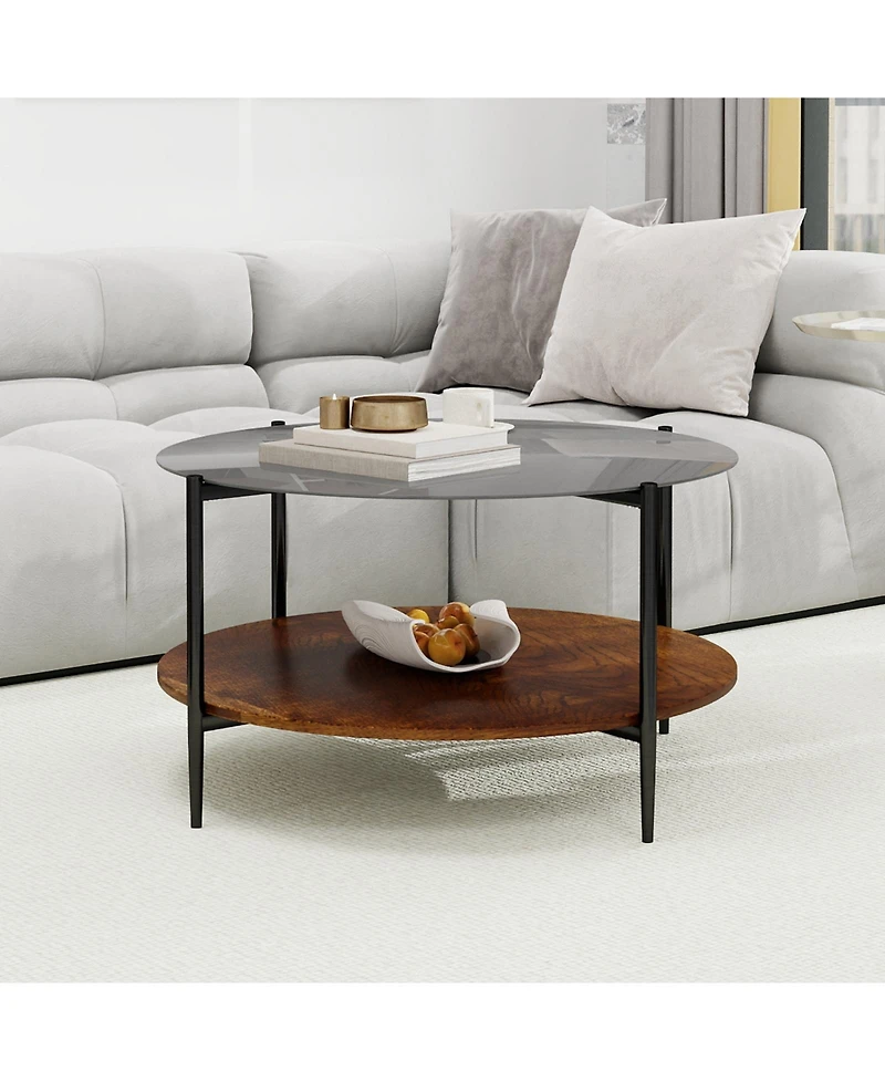 Flynama Mid Century Round Coffee Table Glass Top Wood Shelf Metal Frame Living Room Table