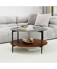 Flynama Mid Century Round Coffee Table Glass Top Wood Shelf Metal Frame Living Room Table