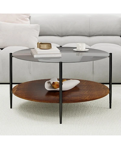 Flynama Mid Century Round Coffee Table Glass Top Wood Shelf Metal Frame Living Room Table