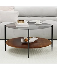 Flynama Mid Century Round Coffee Table Glass Top Wood Shelf Metal Frame Living Room Table