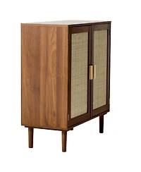 Sugift Rattan Storage Cabinet with 2 Magnetic Doors Adjustable Shelves Wooden Legs and Power Cord Hole