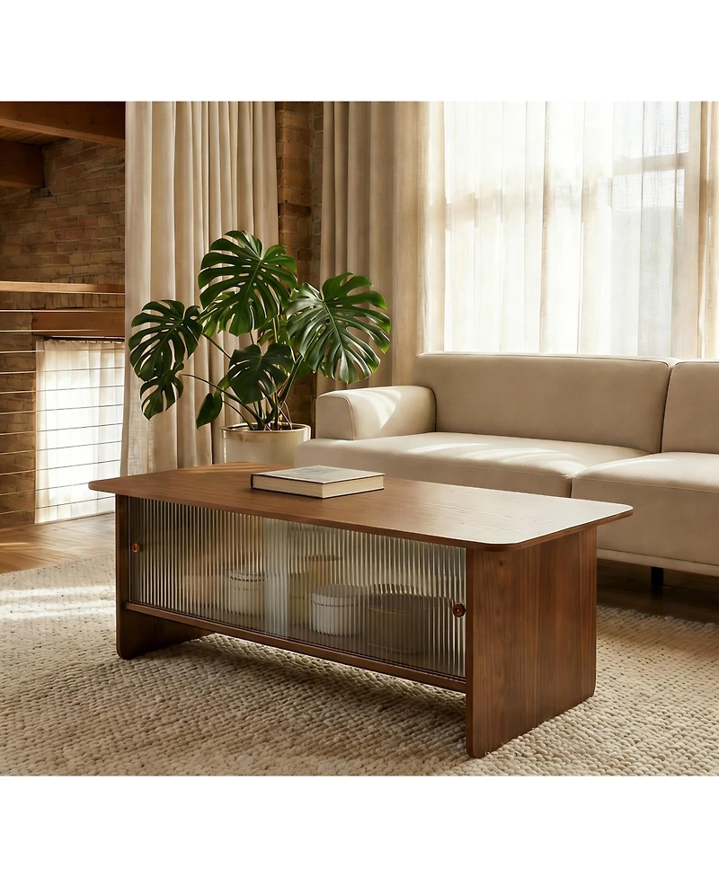 Flynama 47" Rectangular Coffee Table with Fluted Glass Doors