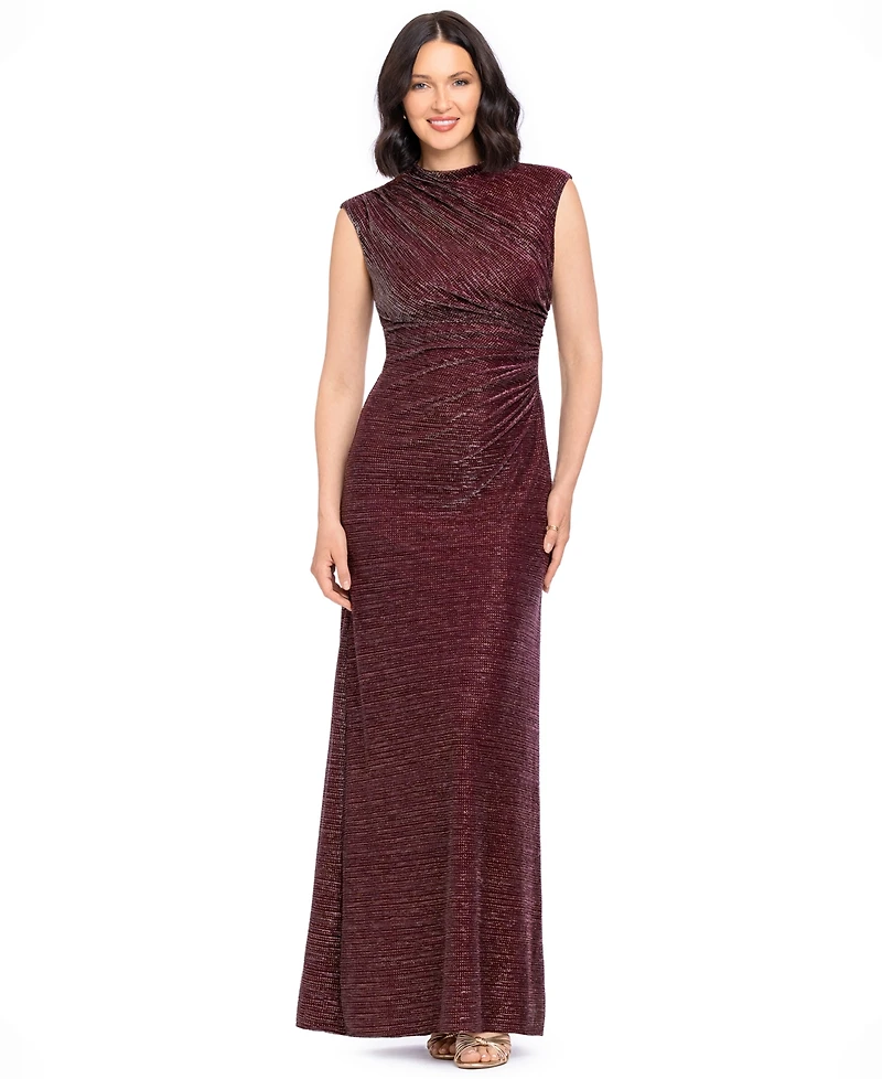 Betsy & Adam Women's Cory Metallic Ruched Mock Neck Gown