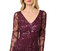 Adrianna Papell Women's Beaded V-Neck Long-Sleeve Dress
