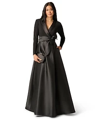 Adrianna Papell Women's Tuxedo Combo Fit and Flare Long-Sleeve Shawl Collar Satin Gown