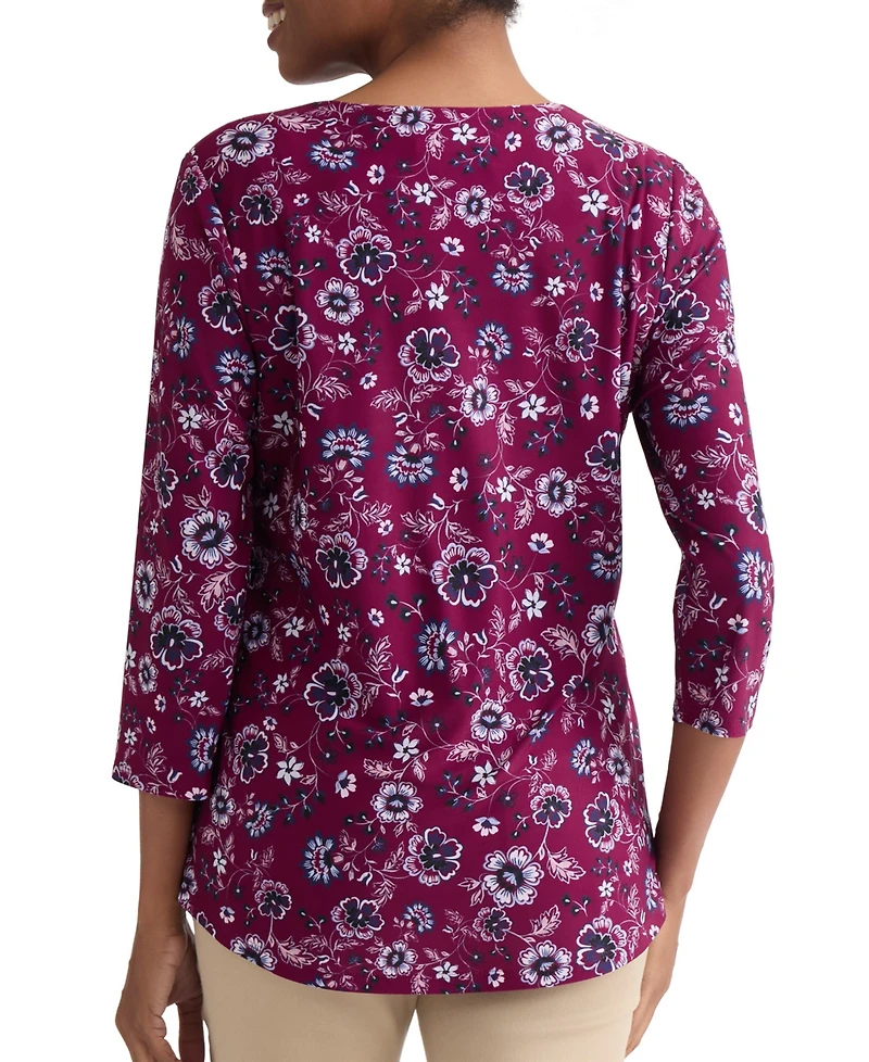 Jones New York Petite Floral V-Neck 3/4-Sleeve Blouse