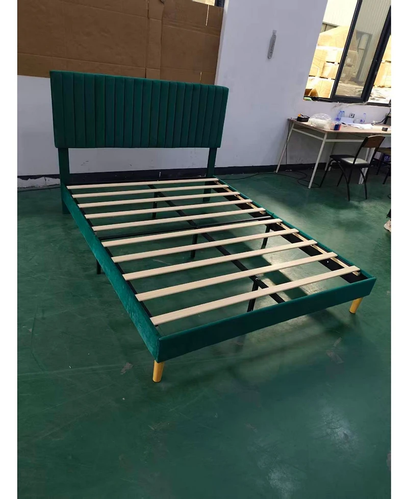 Gaomon Velvet Upholstered Platform Bed Frame with Adjustable Headboard, Vertical Channel Tufted