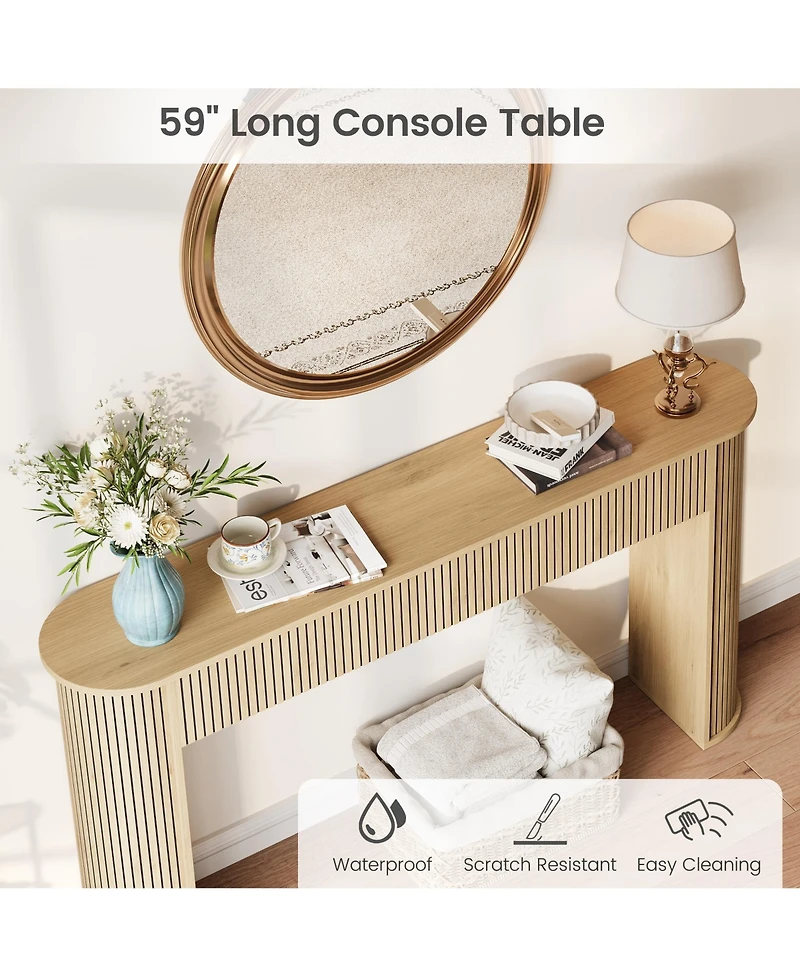 Gaomon Living Room Furniture Set of 2 Fluted Console Table 59" and Oval Coffee Table 39" Mid Century Modern Wood Entryway Sofa Table with Open Shelf