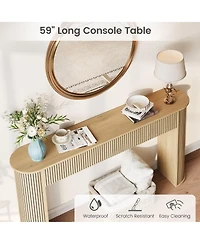 Gaomon Living Room Furniture Set of 2 Fluted Console Table 59" and Oval Coffee Table 39" Mid Century Modern Wood Entryway Sofa Table with Open Shelf