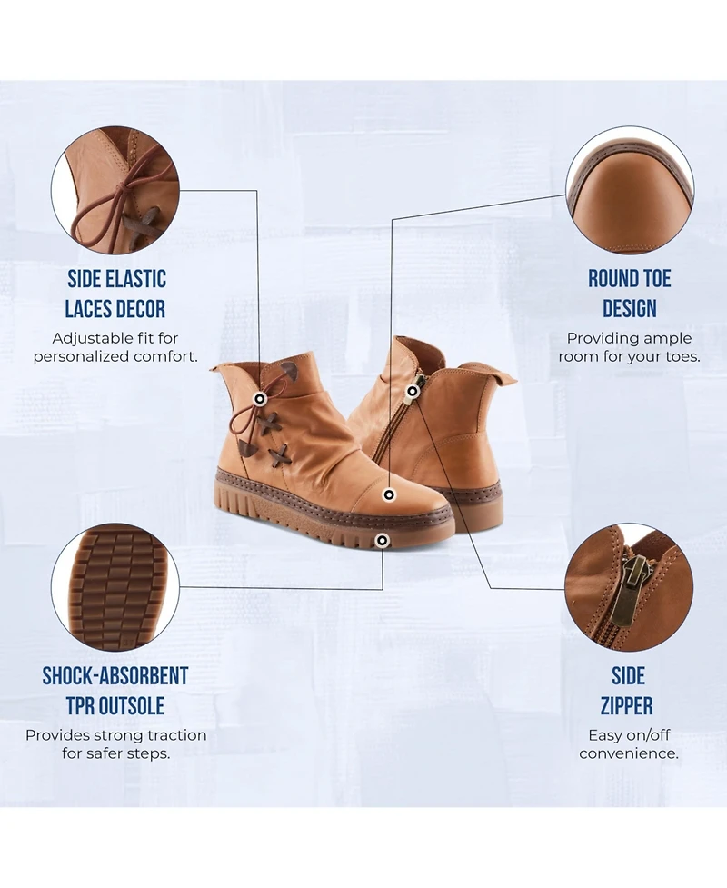Azura Spring Step Vandis Ruched Leather Ankle Bootie with Side Lace Detail and Arch Support Insole