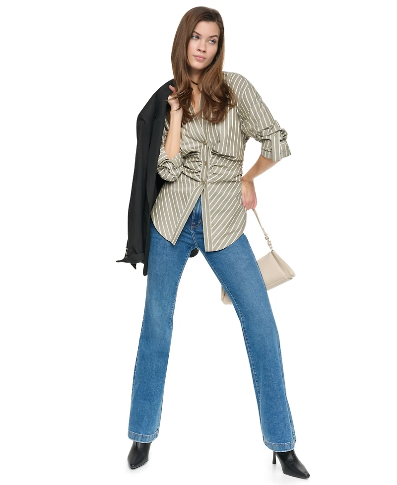 Dkny Jeans Women's Petite Ruched Striped 3/4-Sleeve Poplin Shirt