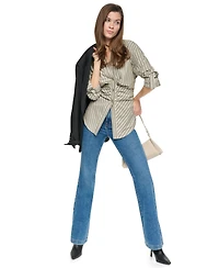 Dkny Jeans Women's Petite Ruched Striped 3/4-Sleeve Poplin Shirt