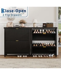 Striped freestanding entryway shoe cabinet with double-layer flip drawers, adjustable shelves and dust-proof back panel