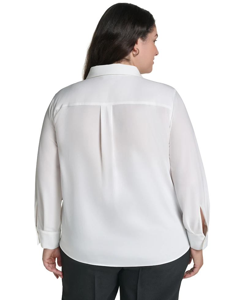 Karl Lagerfeld Paris Plus Long-Sleeve Collared Pleated Blouse