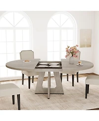47-63 Inch Extendable Round to Oval Farmhouse Dining Table with Wood Cross Base, Seats 4-8,Grey