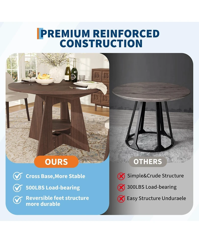 43.3"-59" Convertible Dining Table, Extendable Round to Oval Table Seating 4-8, Pedestal Base with Open Storage Shelf, Compact Furniture for Kitchen