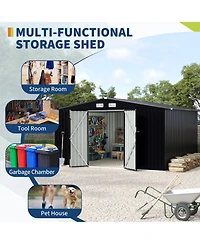 8x10 Ft Outdoor Storage Shed, Heavy Duty Galvanized Steel Tool Room for Patio Backyard Garden Equipment Storage, Grey/Brown