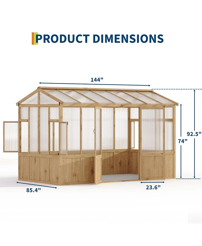 6.4 x 12 ft A-Frame Greenhouse with Cedar Wood Frame and Polycarbonate Panels, for Backyard Garden Patio, Natural Wood