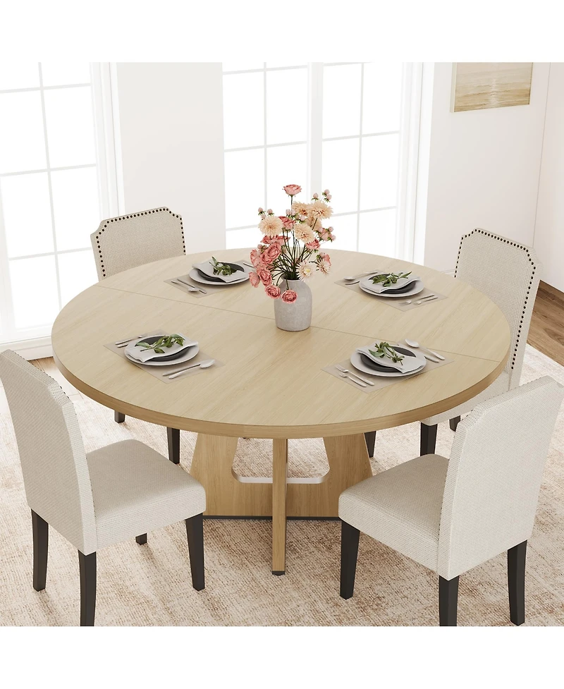 47-63 Inch Extendable Round to Oval Farmhouse Dining Table with Wood Cross Base, Seats 4-8,Wood Color
