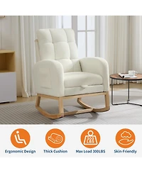 Beige Upholstered Rocking Glider Armchair with Footrest and Side Pocket, Modern Nursery Rocker Chair for Living Room and Nursing Room