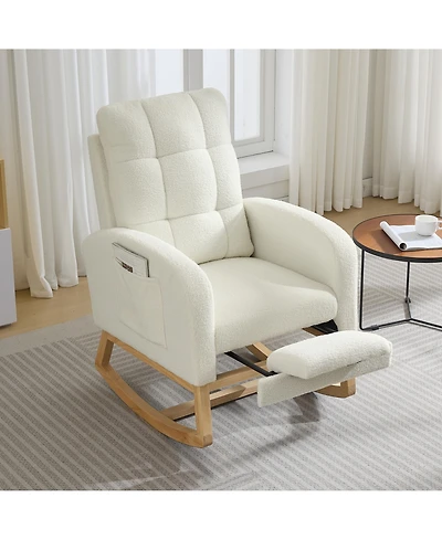 Beige Upholstered Rocking Glider Armchair with Footrest and Side Pocket, Modern Nursery Rocker Chair for Living Room and Nursing Room