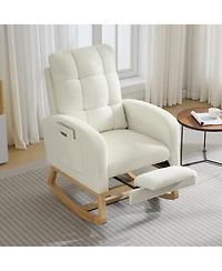 Beige Upholstered Rocking Glider Armchair with Footrest and Side Pocket, Modern Nursery Rocker Chair for Living Room and Nursing Room
