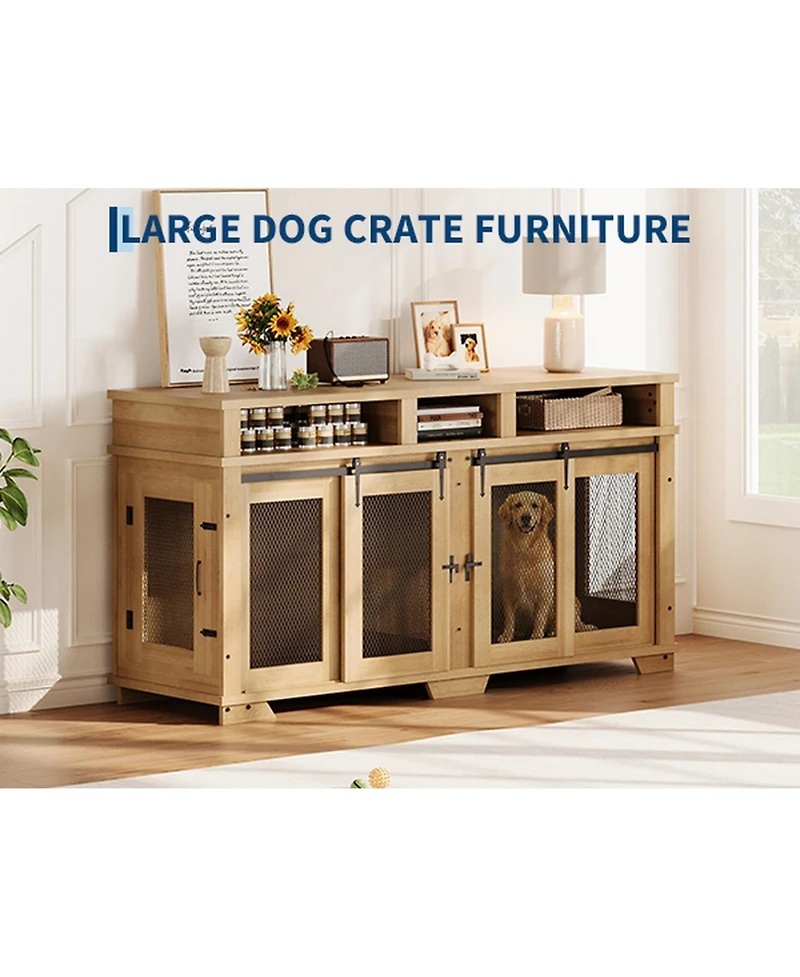 Double Dog Crate Furniture, 71 Inch Extra Large Wooden Heavy Duty Indoor Pet Kennel with Sliding Barn Door, Removable Divider, Tv Stand End Table