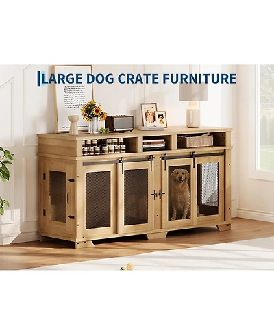 Double Dog Crate Furniture, 71 Inch Extra Large Wooden Heavy Duty Indoor Pet Kennel with Sliding Barn Door, Removable Divider, Tv Stand End Table