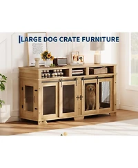 Double Dog Crate Furniture, 71 Inch Extra Large Wooden Heavy Duty Indoor Pet Kennel with Sliding Barn Door, Removable Divider, Tv Stand End Table