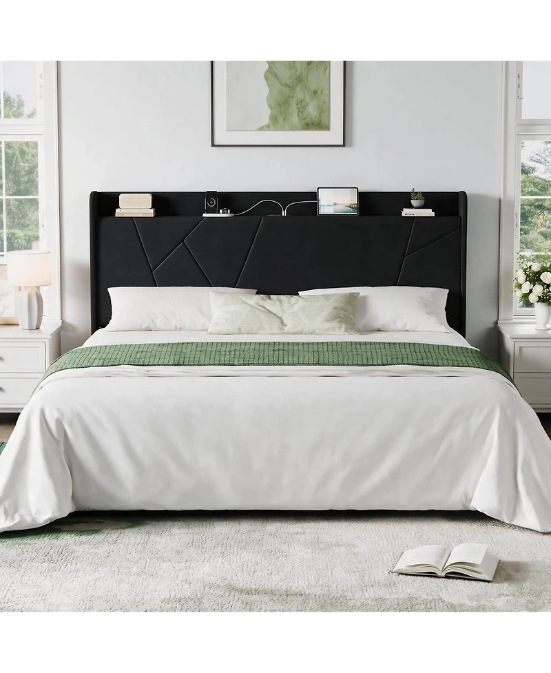 Bed Frame with Storage Headboard and Charging Station | Wingback Velvet Upholstered Platform Bed Frame, Solid Wood Slats Support