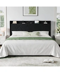 Bed Frame with Storage Headboard and Charging Station | Wingback Velvet Upholstered Platform Bed Frame, Solid Wood Slats Support