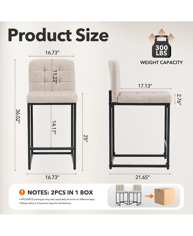 Set of 2 Modern Counter Height Bar Stools, Faux Leather Upholstered Stools with Backrest and Footrest, Armless Design and Metal Legs for Kitchen