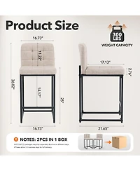 Set of 2 Modern Counter Height Bar Stools, Faux Leather Upholstered Stools with Backrest and Footrest, Armless Design and Metal Legs for Kitchen