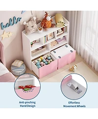 2 Set of Toy Storage Organizer with Movable Drawers, Kids Bookshelf with Hidden Wheels and 5 Open Cubbies, Floor Storage Chest for Playroom, Nursery