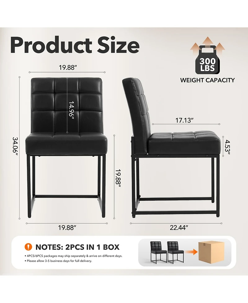 Dining Chairs Set of 2, Mid-Century Modern Armless Kitchen Chair with Upholstered Pu Leather Seat, Metal Frame, 300 Lbs Capacity for Dining Room Cafe