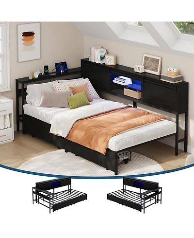 Twin Corner Bed Frame with Storage Bookcase, Metal Platform Bed Frame with Led Lights, Charging Station, Storage Drawers, Black