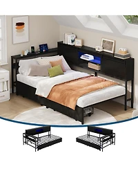 Twin Corner Bed Frame with Storage Bookcase, Metal Platform Bed Frame with Led Lights, Charging Station, Storage Drawers, Black