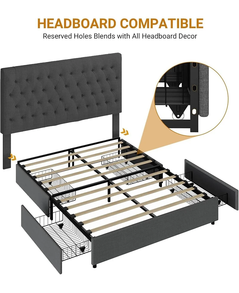 King/Queen/Full Upholstered Platform Bed with Drawers, Linen Storage Bed Frame, Engineered Wood for Bedroom