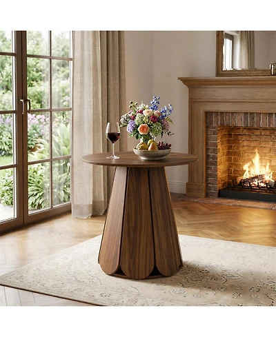 31.5" Brown Round Farmhouse Dining Table with Pedestal Base, Seats 2-4