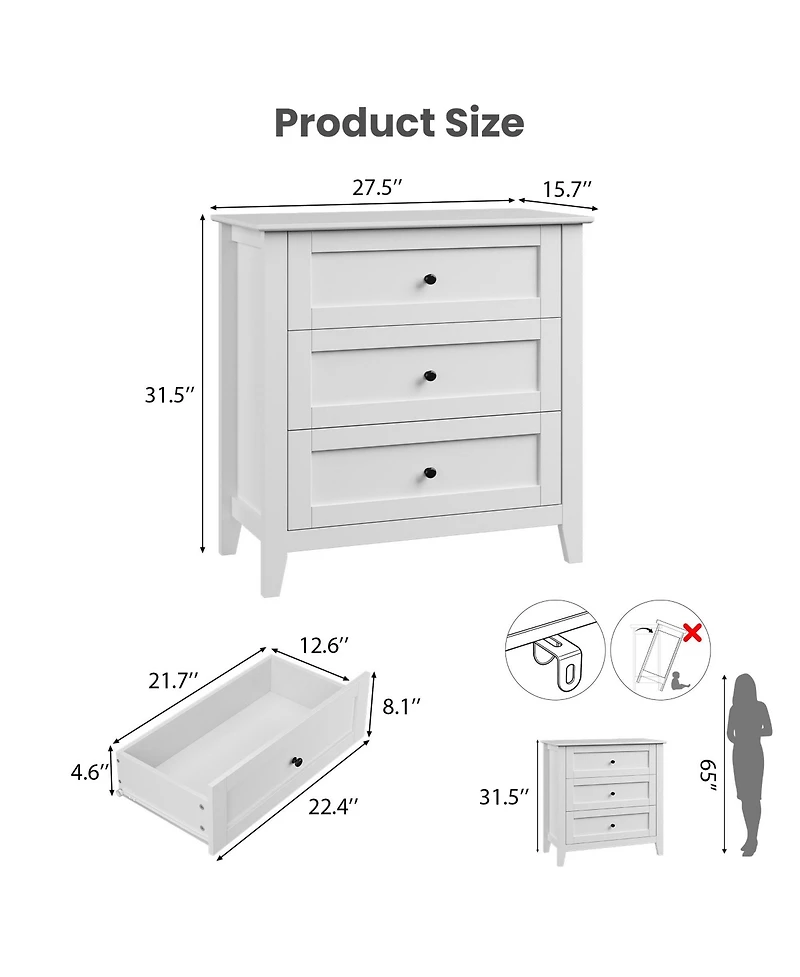 3 Drawer Dresser, 27.5 Inch Bedroom Nightstand, Modern Farmhouse Storage Cabinet, Sofa Side Table for Living Room, Apartment, Entryway