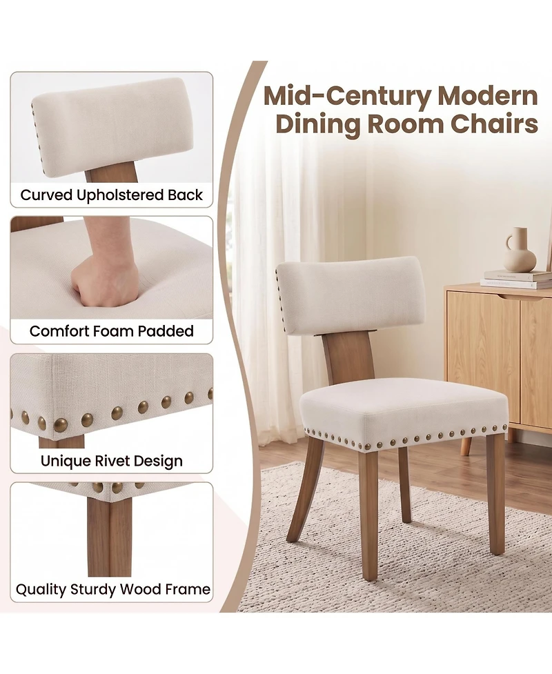 4 Set of Mid-Century Upholstered Dining Chairs, Linen Covered Chairs with Nailhead Trim, Curved Backrest and Wooden Legs for Kitchen, Dining Room